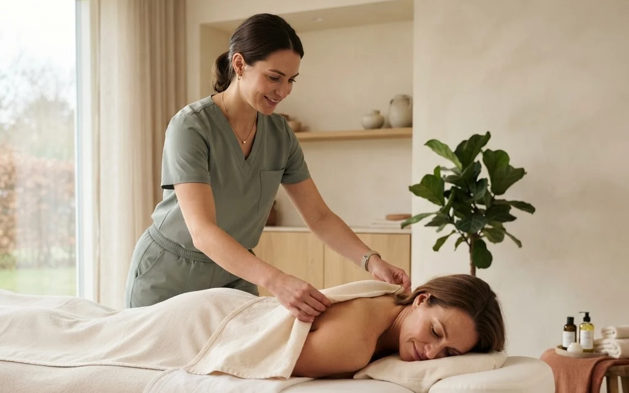 Massør i en rolig nordisk klinik under en massagebehandling